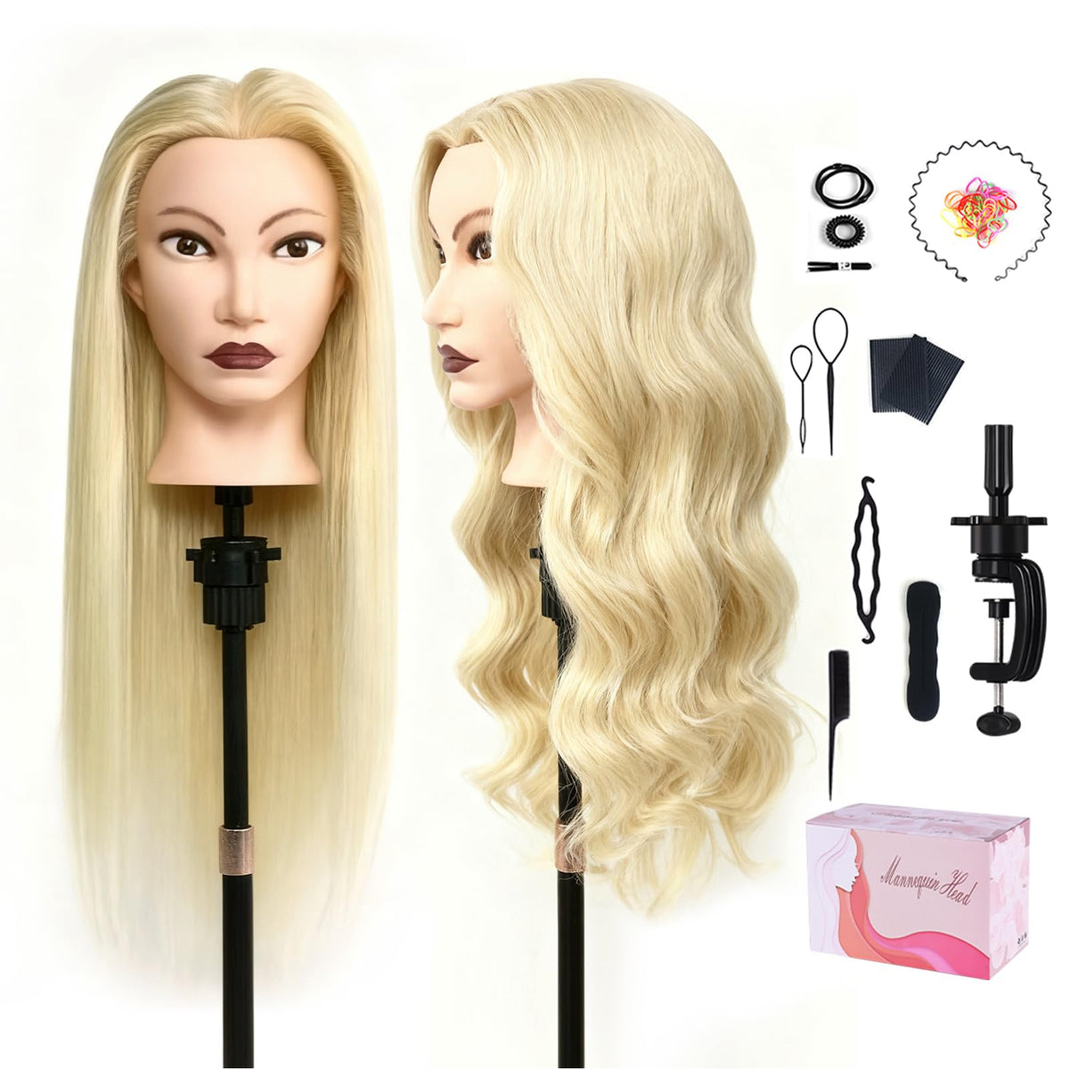Mannequin Head with 100% Human Hair, TopDirect Real Hair Cosmetology Mannequin Head Hair Styling Hairdressing Practice Training Doll Head with Clamp Holder and Tools (Dark Brown)