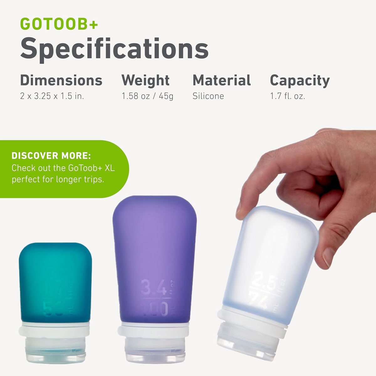 humangear GoToob+ 3-Pack, Small (1.7 fl oz), Clear/Green/Blue
