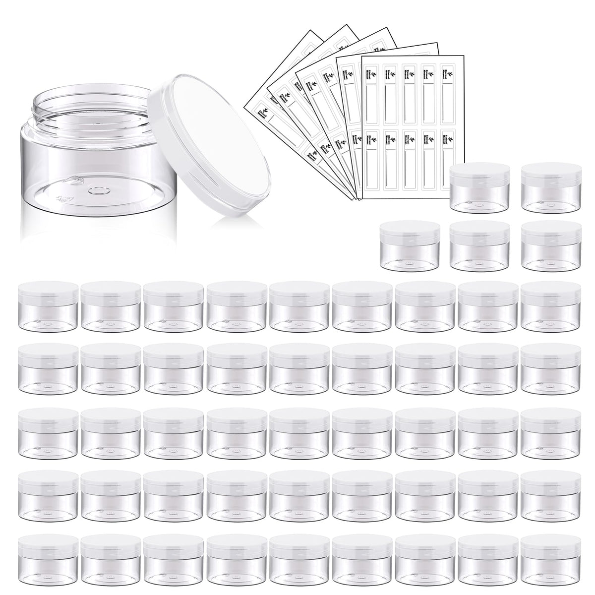 4 OZ Plastic Jars with Black Lids 50 Pack Round Clear Cosmetic Container, Eternal Moment Slime Jars for Lotion, Cream, Ointments, Makeup, Eye shadow, Rhinestone, Samples, Pot, Travel Storage