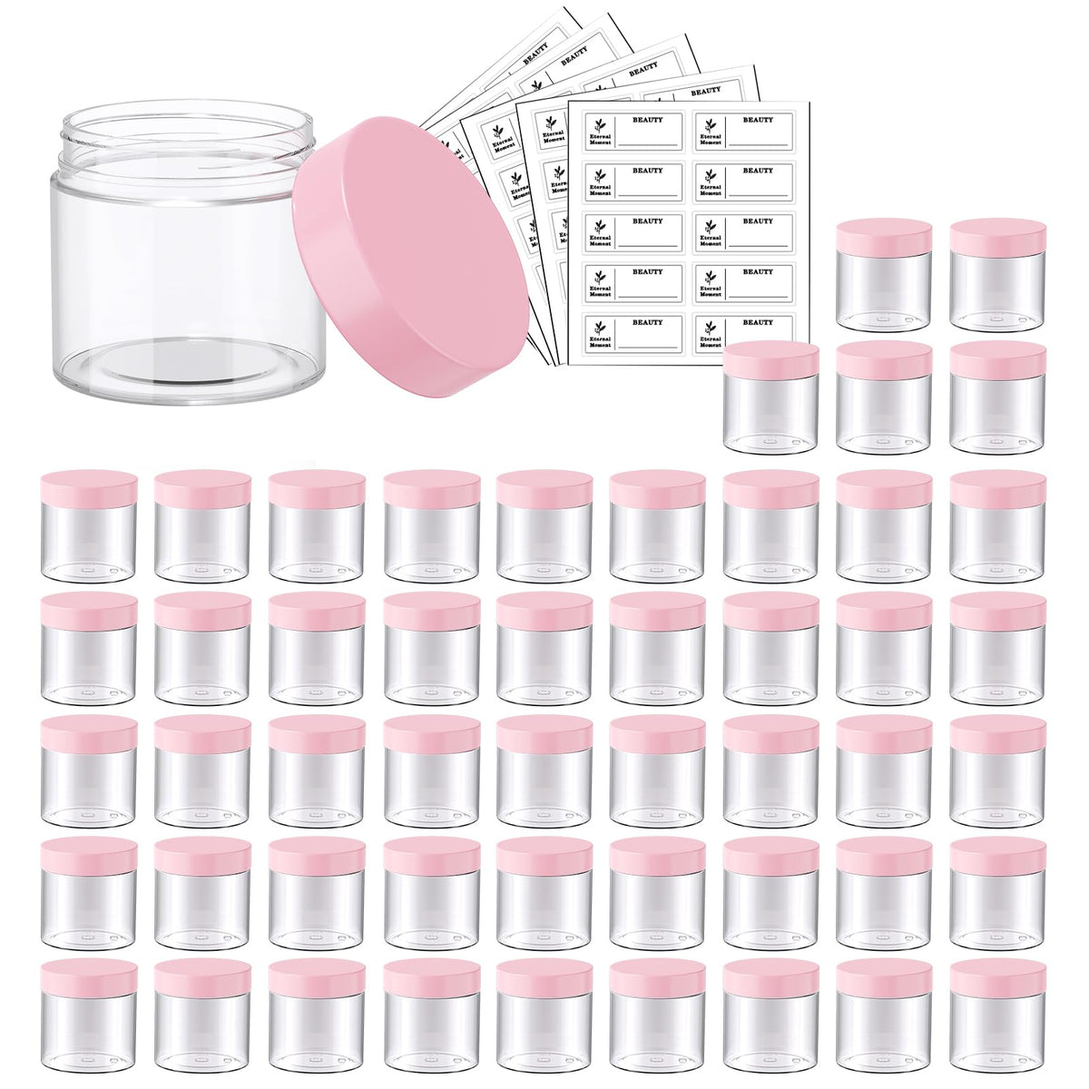 4 OZ Plastic Jars with Black Lids 50 Pack Round Clear Cosmetic Container, Eternal Moment Slime Jars for Lotion, Cream, Ointments, Makeup, Eye shadow, Rhinestone, Samples, Pot, Travel Storage
