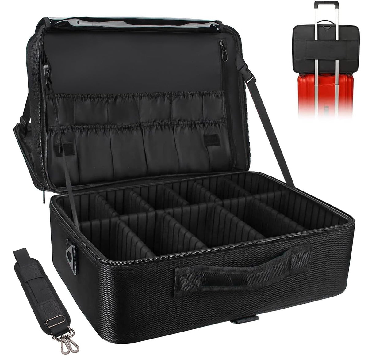 Relavel Travel Makeup Train Case Makeup Cosmetic Case Organizer Portable Artist Storage Bag with Adjustable Dividers for Cosmetics Makeup Brushes Toiletry Jewelry Digital Accessories Black