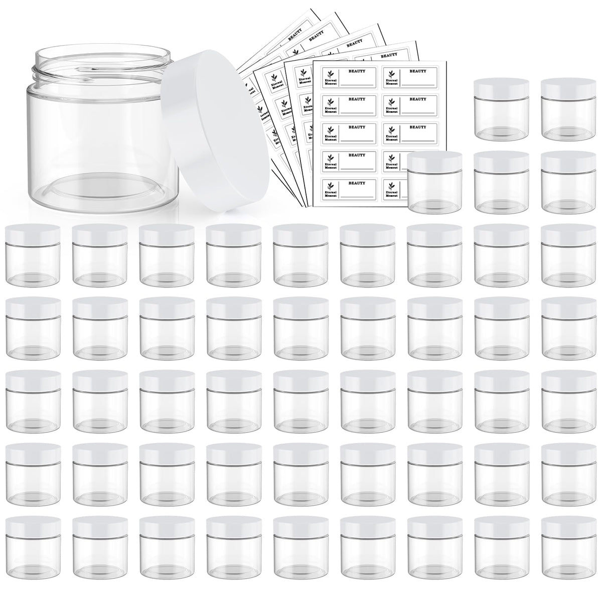 4 OZ Plastic Jars with Black Lids 50 Pack Round Clear Cosmetic Container, Eternal Moment Slime Jars for Lotion, Cream, Ointments, Makeup, Eye shadow, Rhinestone, Samples, Pot, Travel Storage