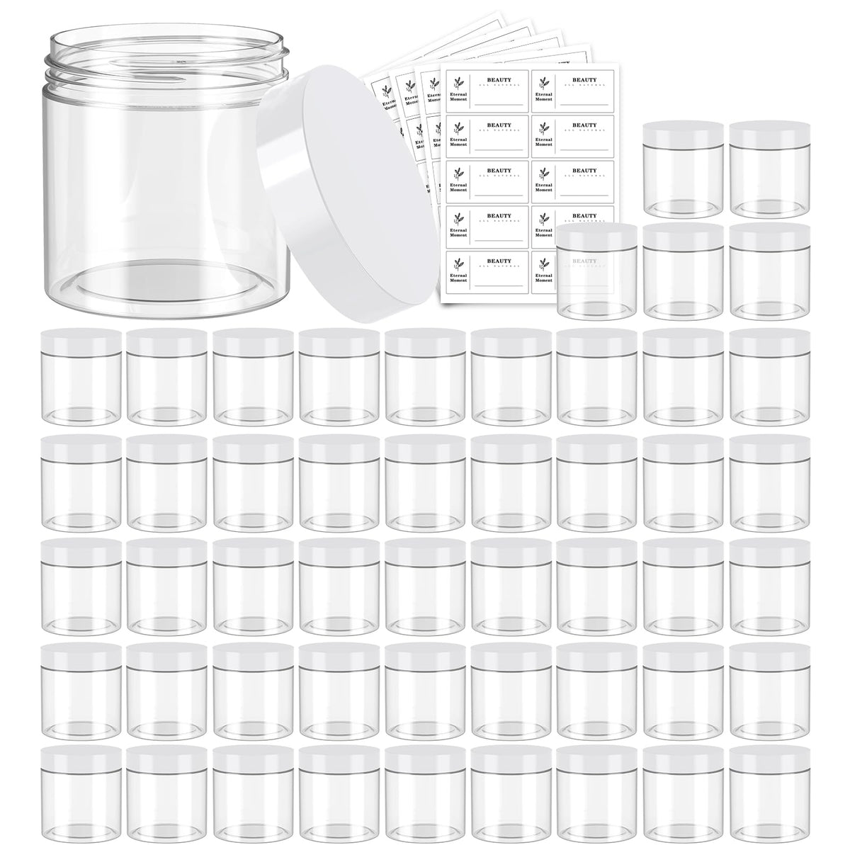 4 OZ Plastic Jars with Black Lids 50 Pack Round Clear Cosmetic Container, Eternal Moment Slime Jars for Lotion, Cream, Ointments, Makeup, Eye shadow, Rhinestone, Samples, Pot, Travel Storage