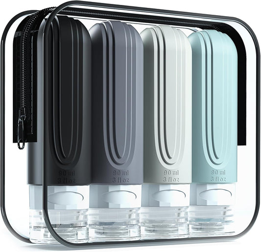 Mrsdry Travel Bottles for Toiletries, Tsa Approved 3oz Travel Size Containers BPA Free Leak Proof Refillable Liquid Silicone Squeezable Travel Accessories for Shampoo Conditioner Lotion (4 Pack)