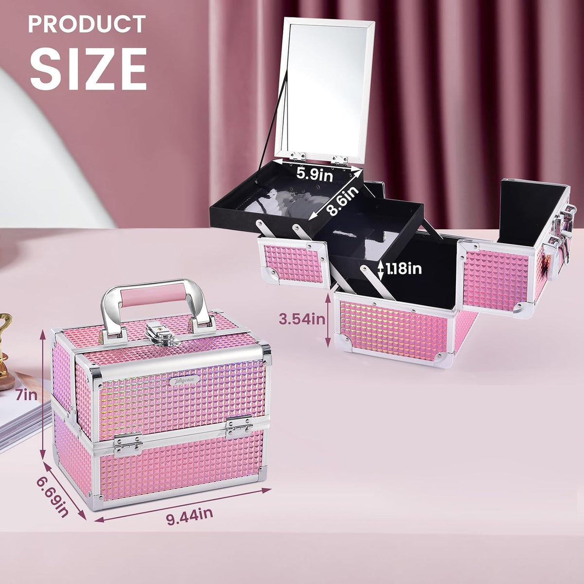 Joligrace Makeup Case Organizer Makeup Box Cosmetic Train Case with Mirror