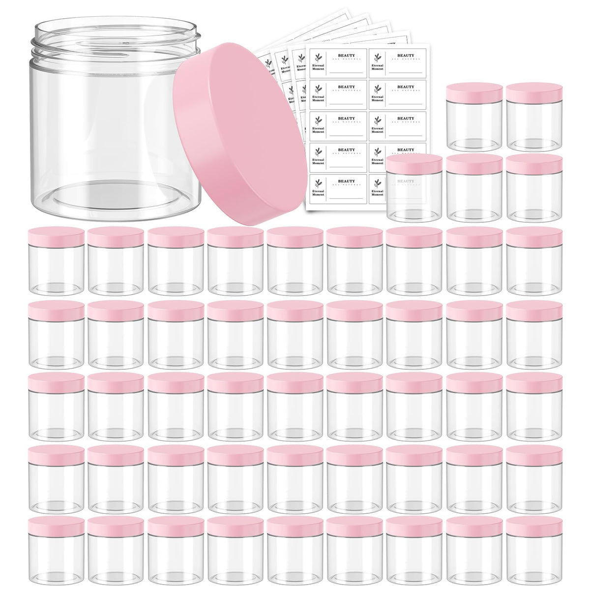 4 OZ Plastic Jars with Black Lids 50 Pack Round Clear Cosmetic Container, Eternal Moment Slime Jars for Lotion, Cream, Ointments, Makeup, Eye shadow, Rhinestone, Samples, Pot, Travel Storage