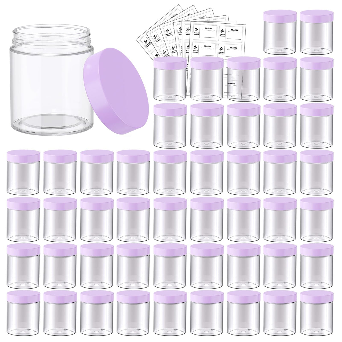 4 OZ Plastic Jars with Black Lids 50 Pack Round Clear Cosmetic Container, Eternal Moment Slime Jars for Lotion, Cream, Ointments, Makeup, Eye shadow, Rhinestone, Samples, Pot, Travel Storage