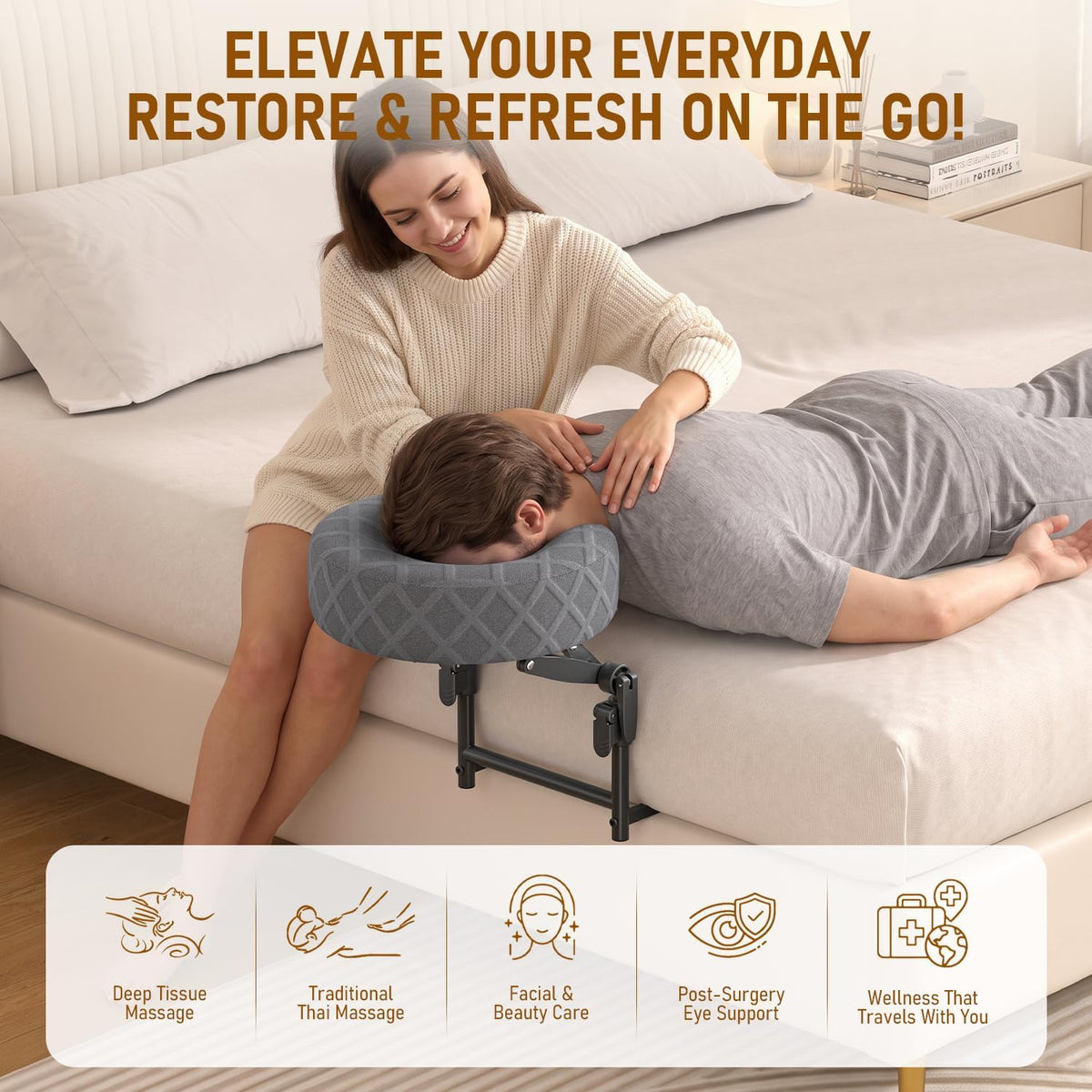 Massage Headrest for Bed, Adjustable Massage Face Cradle at Home, Portable Massage Table Kit for Sleeping Mattress, Height Adjustable up to 19 in, Face Down Pillow After Eye Surgery, Gray