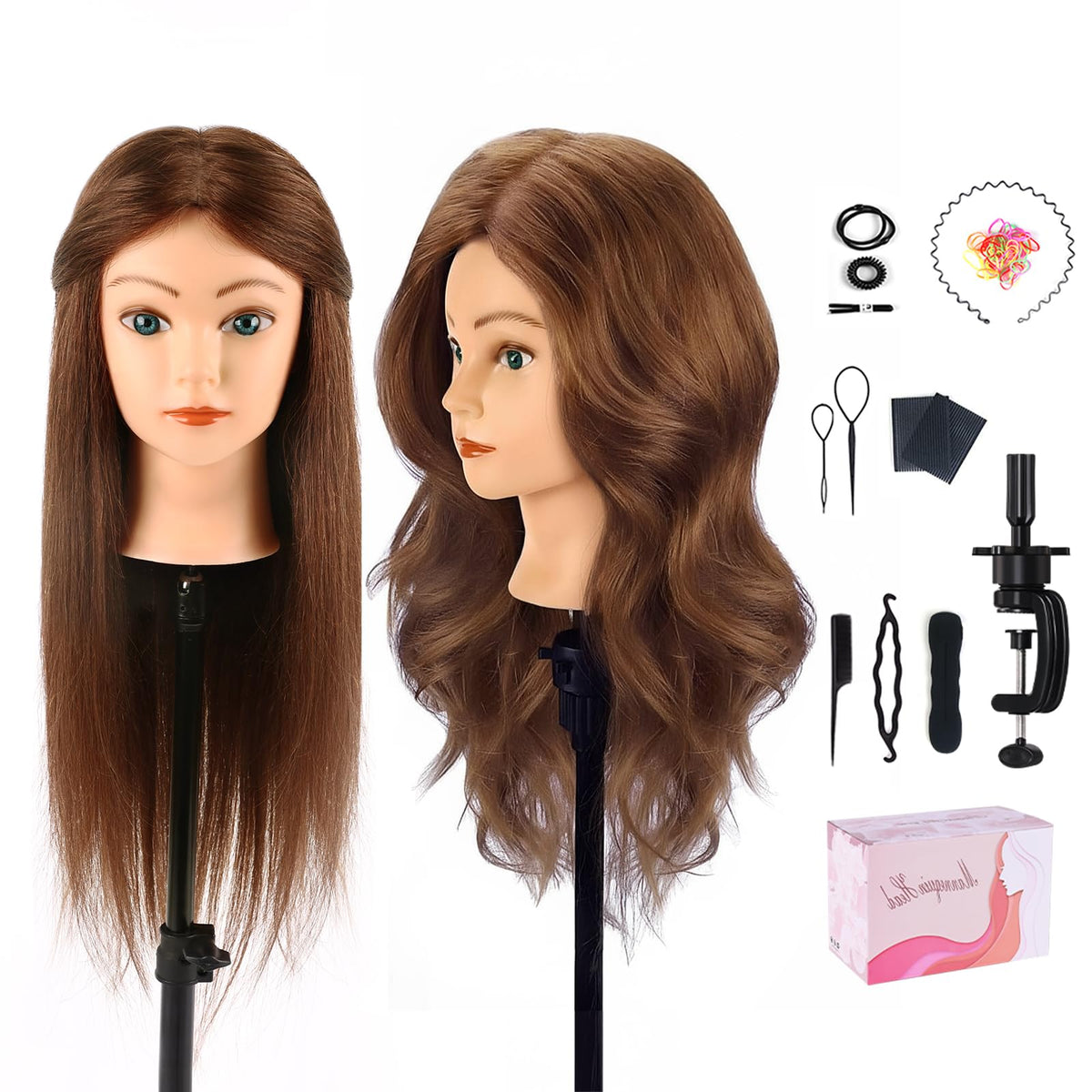 Mannequin Head with 100% Human Hair, TopDirect Real Hair Cosmetology Mannequin Head Hair Styling Hairdressing Practice Training Doll Head with Clamp Holder and Tools (Dark Brown)