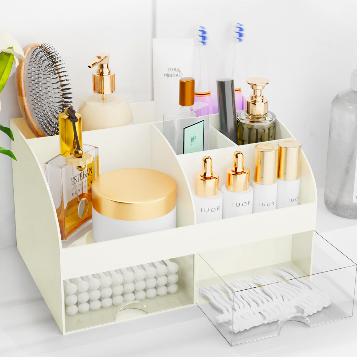 Makeup Organizer with Drawers, Cosmetic Storage for Dresser Vanity and Bathroom Countertop, Beauty Holder for Lipstick Brush, Skincare Organizer for Vanity, Cosmetic Display Case (White)