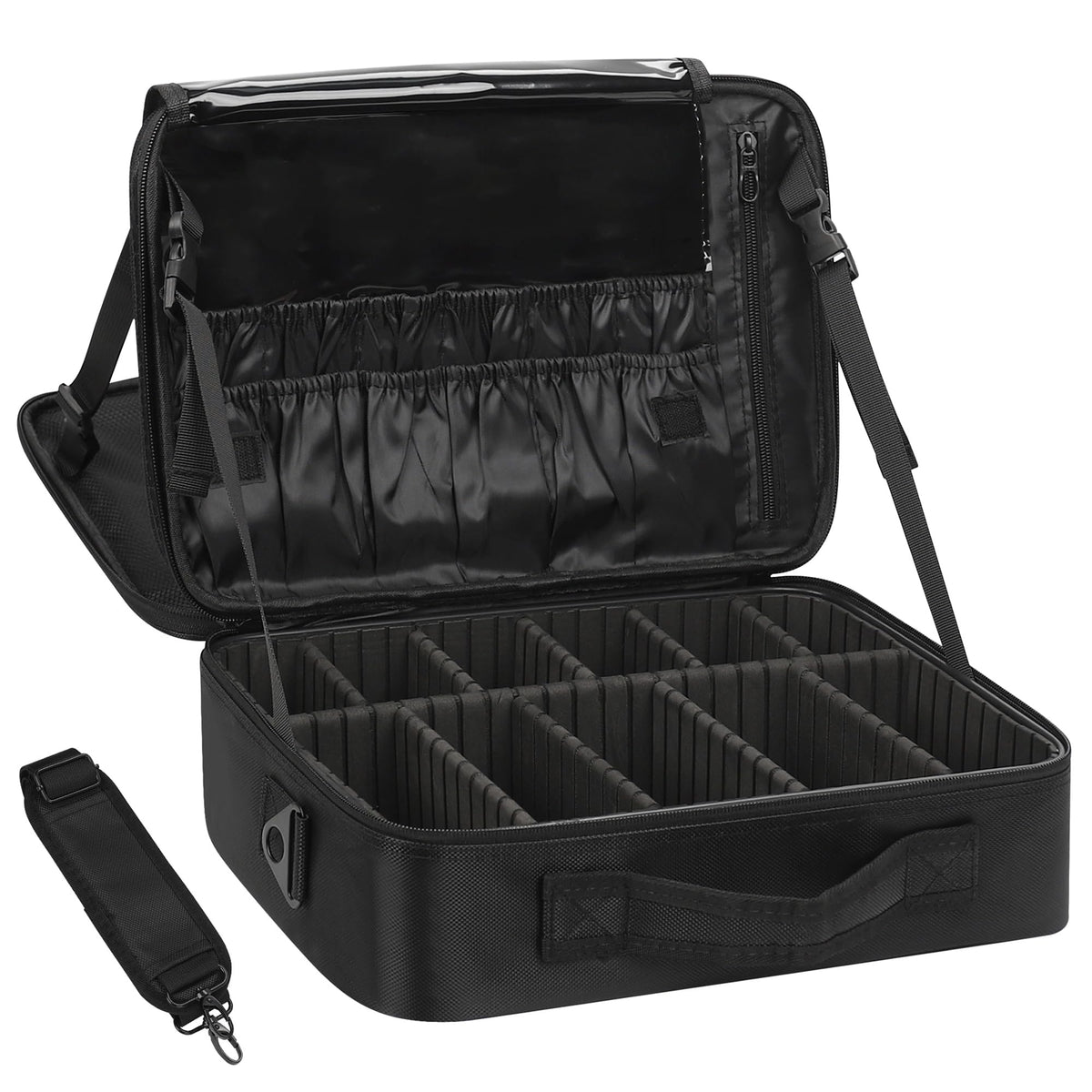 Relavel Makeup Case Large Makeup Bag Professional Train Case 16.5 inches Travel Cosmetic Organizer Brush Holder Waterproof Makeup Artist Storage Box, 3 Layer Large Capacity, with Adjustable Strap