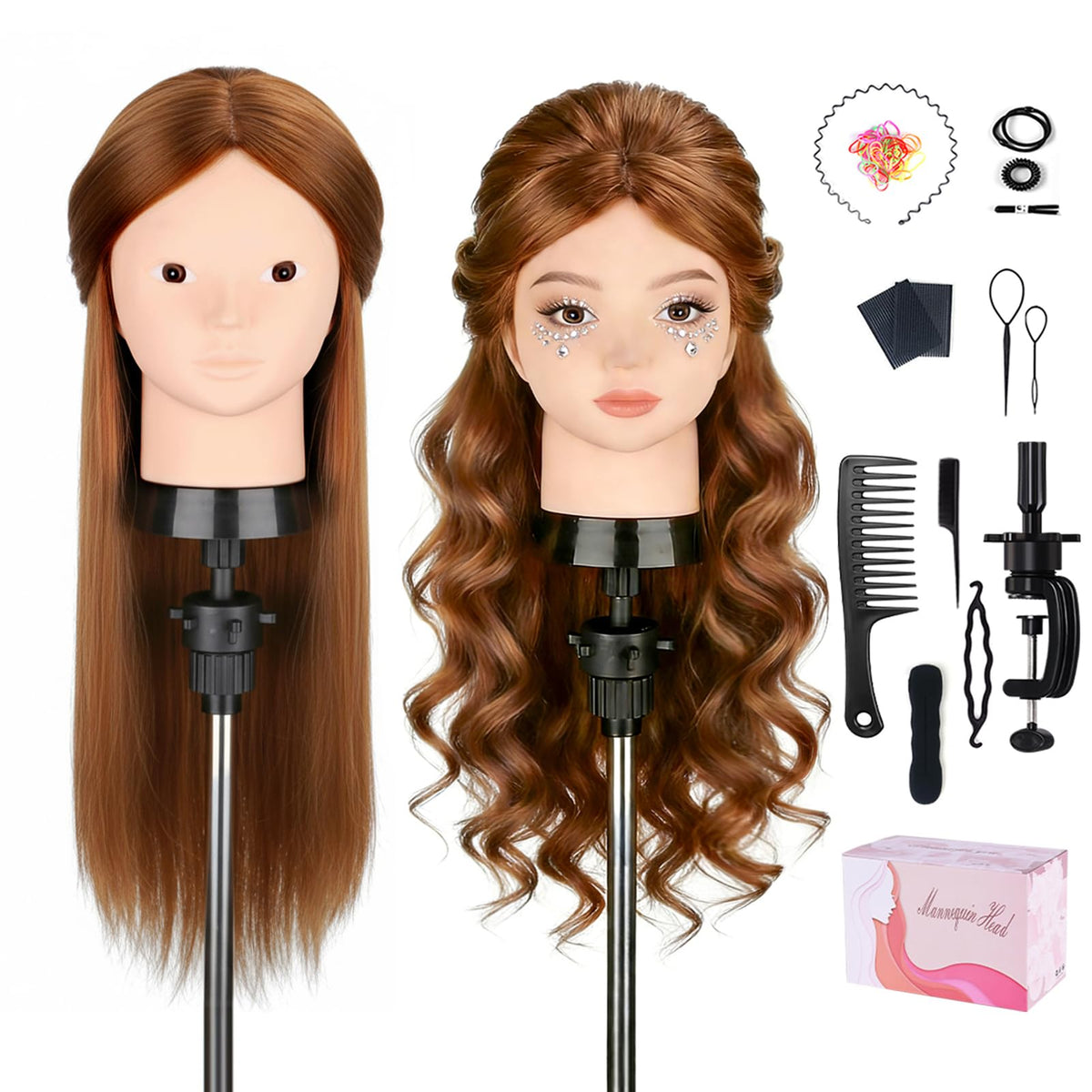 Mannequin Head with 100% Human Hair, TopDirect Real Hair Cosmetology Mannequin Head Hair Styling Hairdressing Practice Training Doll Head with Clamp Holder and Tools (Dark Brown)