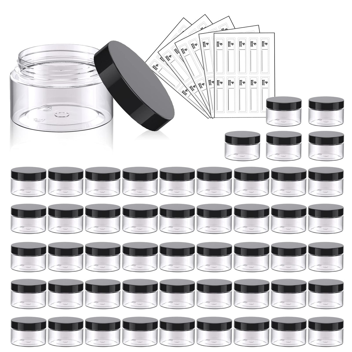 4 OZ Plastic Jars with Black Lids 50 Pack Round Clear Cosmetic Container, Eternal Moment Slime Jars for Lotion, Cream, Ointments, Makeup, Eye shadow, Rhinestone, Samples, Pot, Travel Storage
