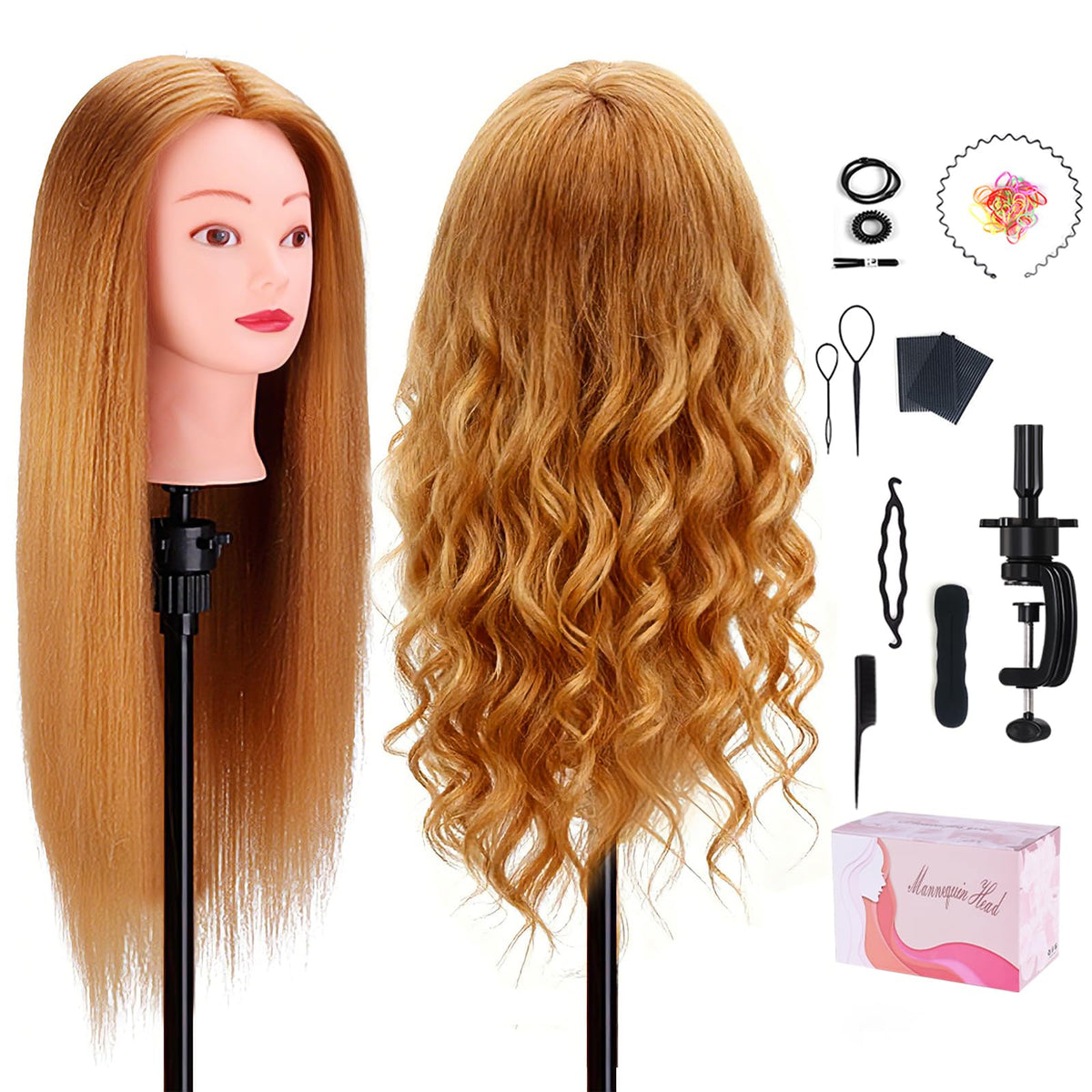 Mannequin Head with 100% Human Hair, TopDirect Real Hair Cosmetology Mannequin Head Hair Styling Hairdressing Practice Training Doll Head with Clamp Holder and Tools (Dark Brown)