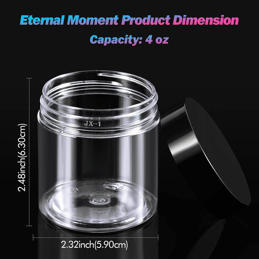 4 OZ Plastic Jars with Black Lids 50 Pack Round Clear Cosmetic Container, Eternal Moment Slime Jars for Lotion, Cream, Ointments, Makeup, Eye shadow, Rhinestone, Samples, Pot, Travel Storage