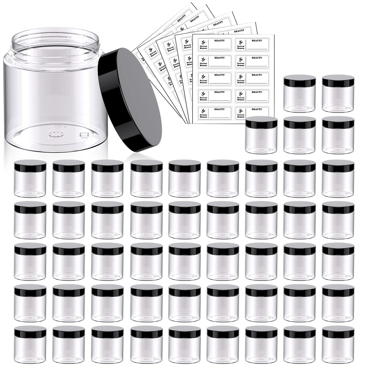 4 OZ Plastic Jars with Black Lids 50 Pack Round Clear Cosmetic Container, Eternal Moment Slime Jars for Lotion, Cream, Ointments, Makeup, Eye shadow, Rhinestone, Samples, Pot, Travel Storage