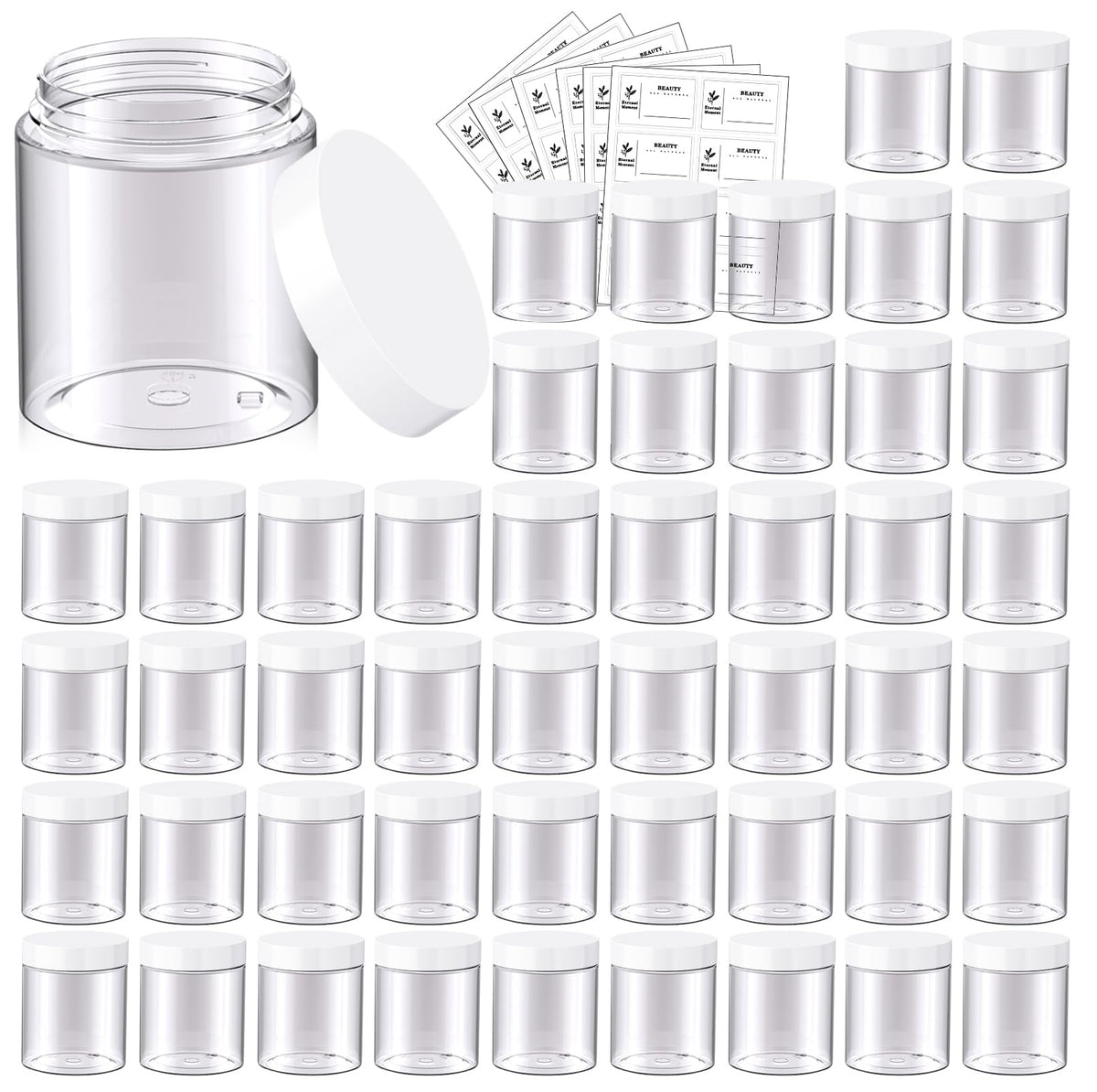 4 OZ Plastic Jars with Black Lids 50 Pack Round Clear Cosmetic Container, Eternal Moment Slime Jars for Lotion, Cream, Ointments, Makeup, Eye shadow, Rhinestone, Samples, Pot, Travel Storage