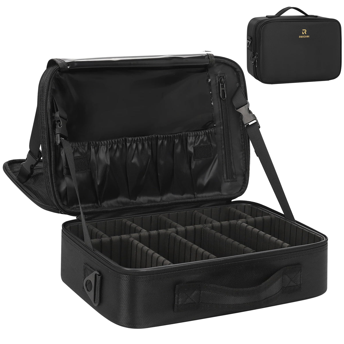 Relavel Makeup Case Large Makeup Bag Professional Train Case 16.5 inches Travel Cosmetic Organizer Brush Holder Waterproof Makeup Artist Storage Box, 3 Layer Large Capacity, with Adjustable Strap