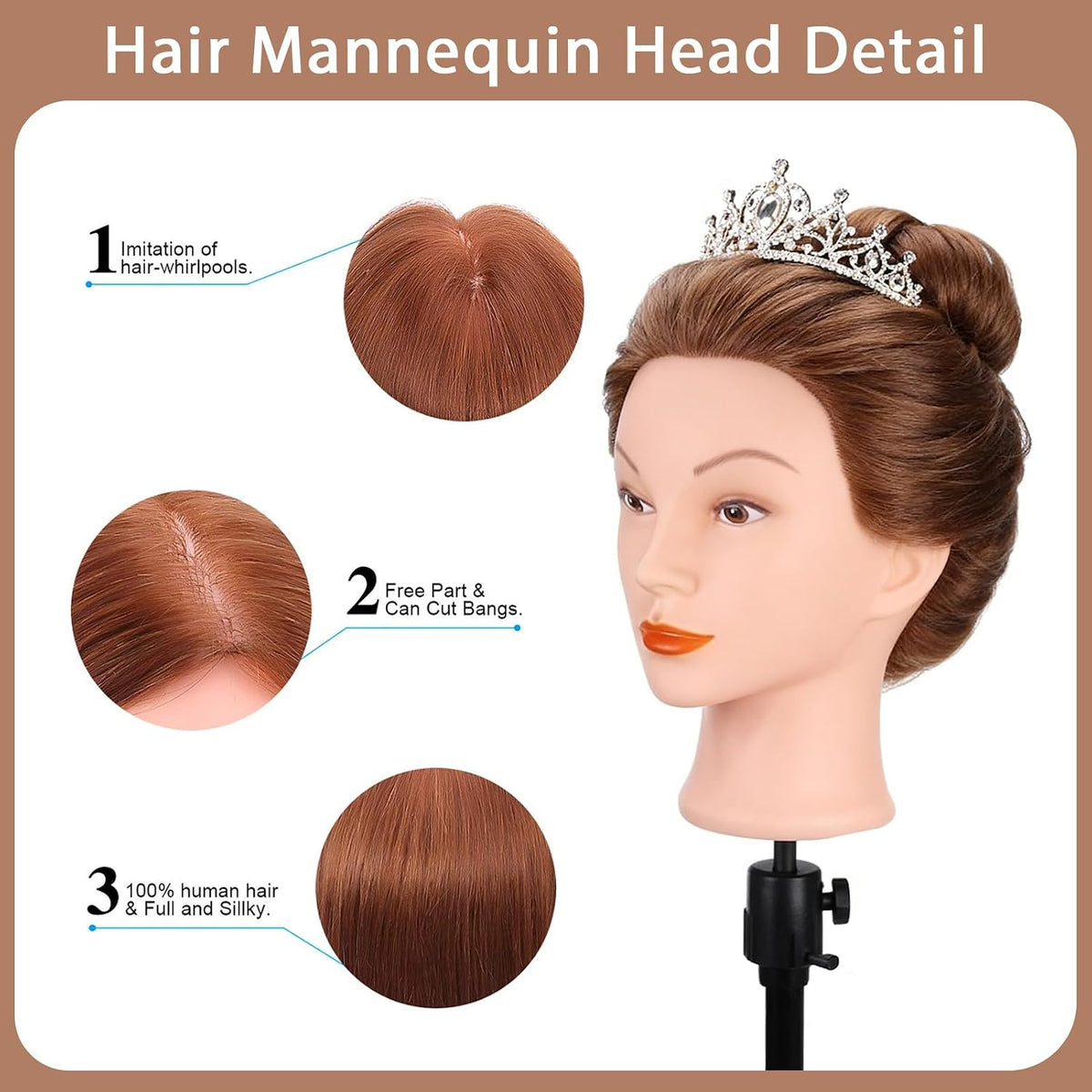 Mannequin Head with 100% Human Hair, TopDirect Real Hair Cosmetology Mannequin Head Hair Styling Hairdressing Practice Training Doll Head with Clamp Holder and Tools (Dark Brown)
