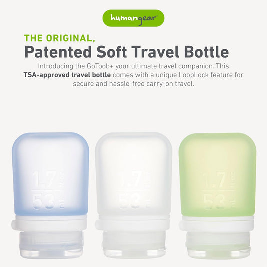 humangear GoToob+ 3-Pack, Small (1.7 fl oz), Clear/Green/Blue
