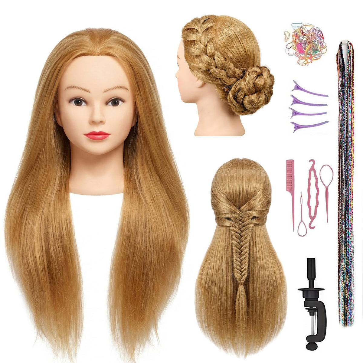 100% Real Hair Mannequin Head Training Head Manikin Cosmetology Doll Head for Hairdresser Practice Braiding Hair Styling with Clamp stand (16 -Inch)
