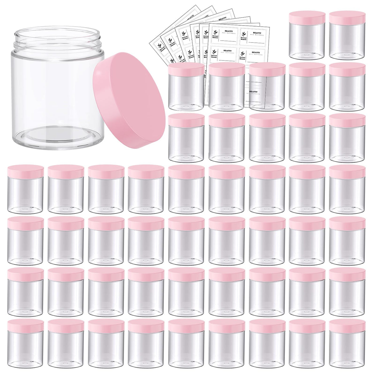 4 OZ Plastic Jars with Black Lids 50 Pack Round Clear Cosmetic Container, Eternal Moment Slime Jars for Lotion, Cream, Ointments, Makeup, Eye shadow, Rhinestone, Samples, Pot, Travel Storage