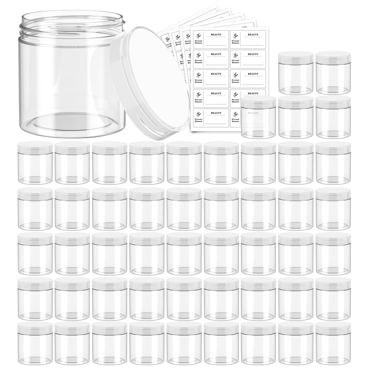 4 OZ Plastic Jars with Black Lids 50 Pack Round Clear Cosmetic Container, Eternal Moment Slime Jars for Lotion, Cream, Ointments, Makeup, Eye shadow, Rhinestone, Samples, Pot, Travel Storage