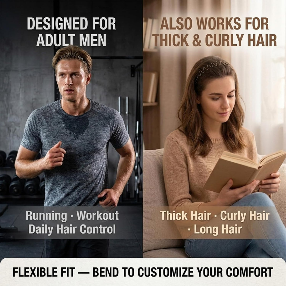 Metal Headband for Men, Non Slip Wave Hair Band, Flex Grip 6 Pcs