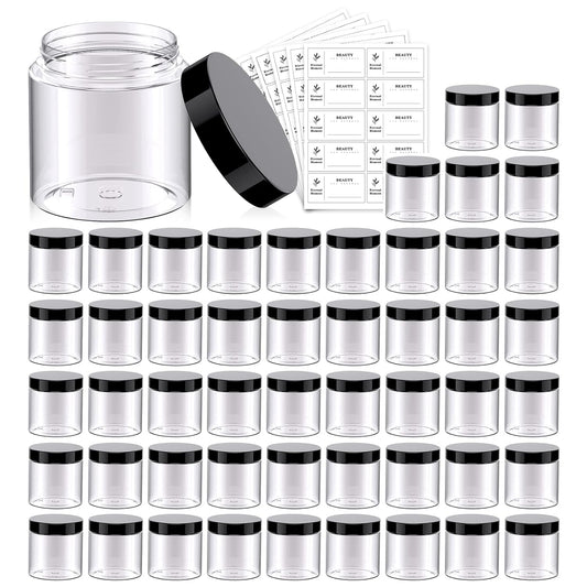 4 OZ Plastic Jars with Black Lids 50 Pack Round Clear Cosmetic Container, Eternal Moment Slime Jars for Lotion, Cream, Ointments, Makeup, Eye shadow, Rhinestone, Samples, Pot, Travel Storage