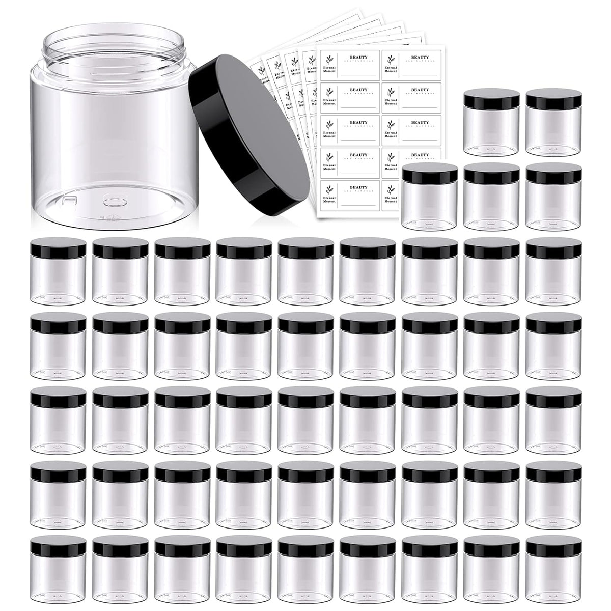 4 OZ Plastic Jars with Black Lids 50 Pack Round Clear Cosmetic Container, Eternal Moment Slime Jars for Lotion, Cream, Ointments, Makeup, Eye shadow, Rhinestone, Samples, Pot, Travel Storage