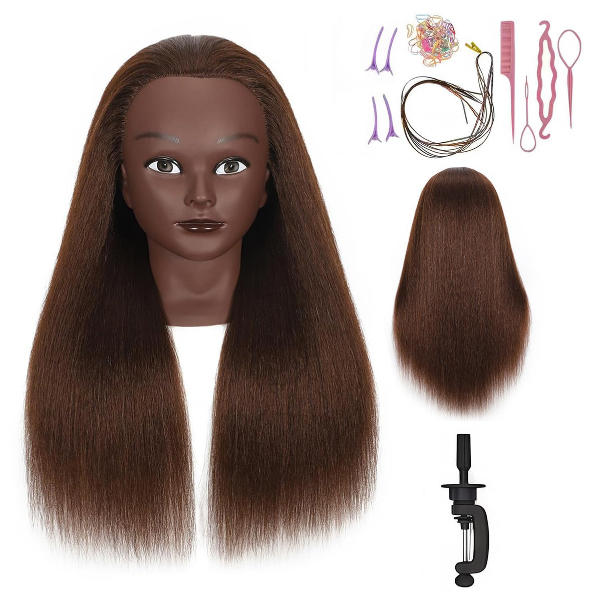 100% Real Hair Mannequin Head Training Head Manikin Cosmetology Doll Head for Hairdresser Practice Braiding Hair Styling with Clamp stand (16 -Inch)
