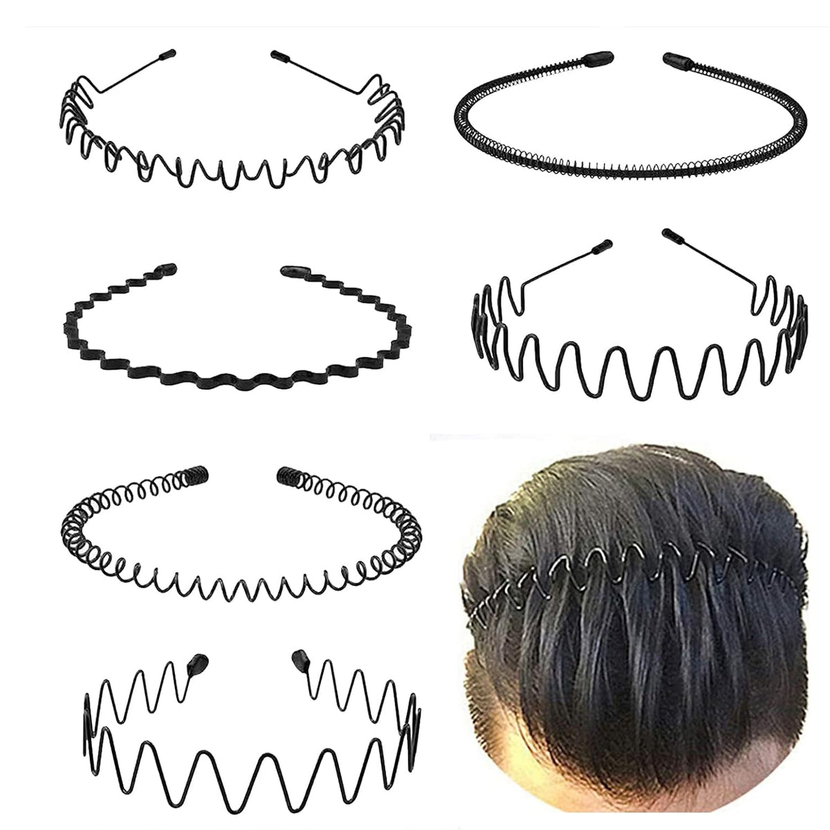 Metal Headband for Men, Non Slip Wave Hair Band, Flex Grip 6 Pcs