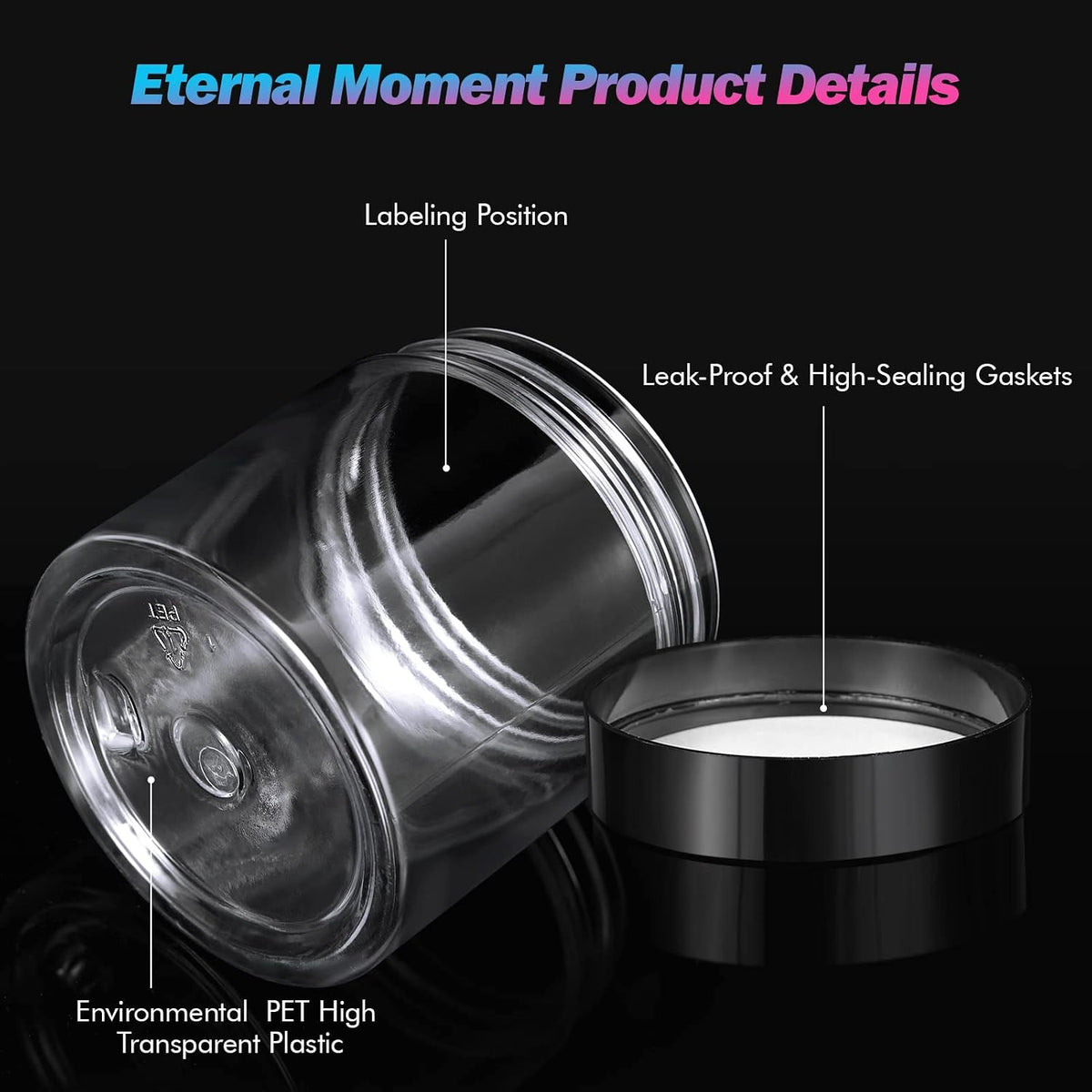 4 OZ Plastic Jars with Black Lids 50 Pack Round Clear Cosmetic Container, Eternal Moment Slime Jars for Lotion, Cream, Ointments, Makeup, Eye shadow, Rhinestone, Samples, Pot, Travel Storage