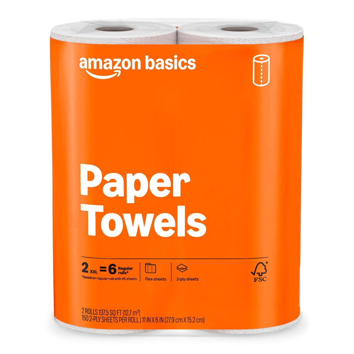 Amazon Basics 2-Ply Flex-Sheets Paper Towels, 12 Basics Rolls = 40 Regular Rolls, Everyday Value with 150 Sheets per Roll, Packaging May Vary