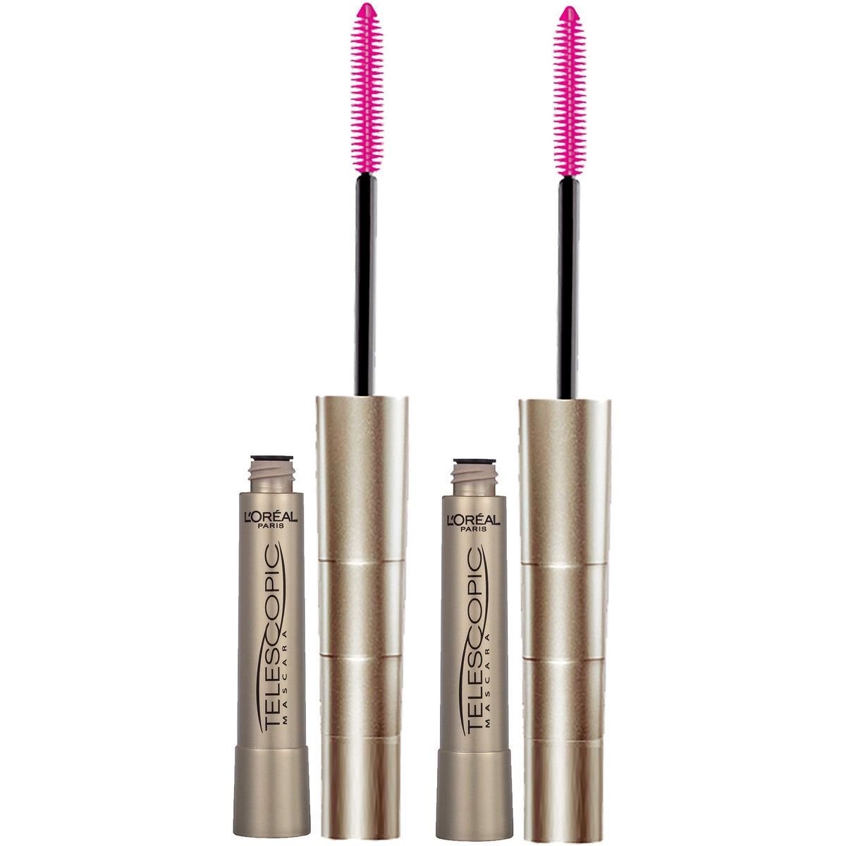 L'Oreal Paris - Máscara de alargamiento de pestañas, maquillaje telescópico original, con cepillo de doble precisión para separar pestañas, lavable, negro más negro, 0.27 onzas líquidas, paquete de 1