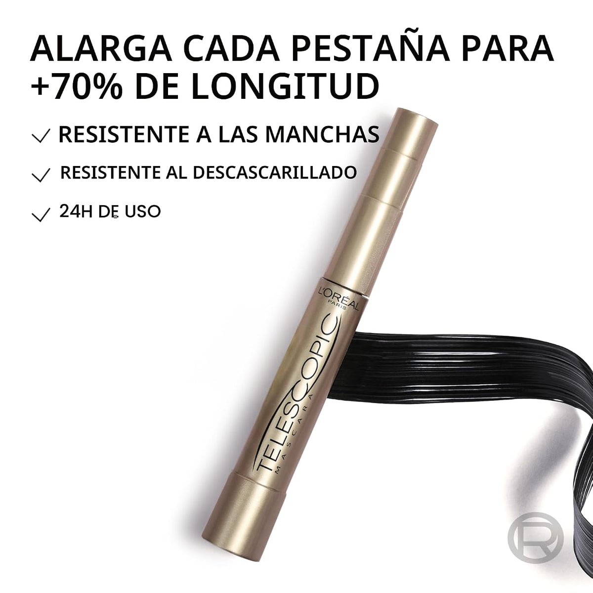 L'Oreal Paris - Máscara de alargamiento de pestañas, maquillaje telescópico original, con cepillo de doble precisión para separar pestañas, lavable, negro más negro, 0.27 onzas líquidas, paquete de 1