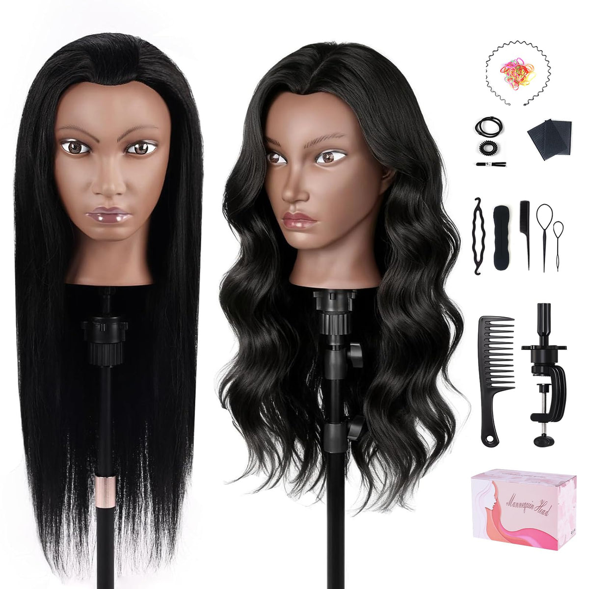 Mannequin Head with 100% Human Hair, TopDirect Real Hair Cosmetology Mannequin Head Hair Styling Hairdressing Practice Training Doll Head with Clamp Holder and Tools (Dark Brown)