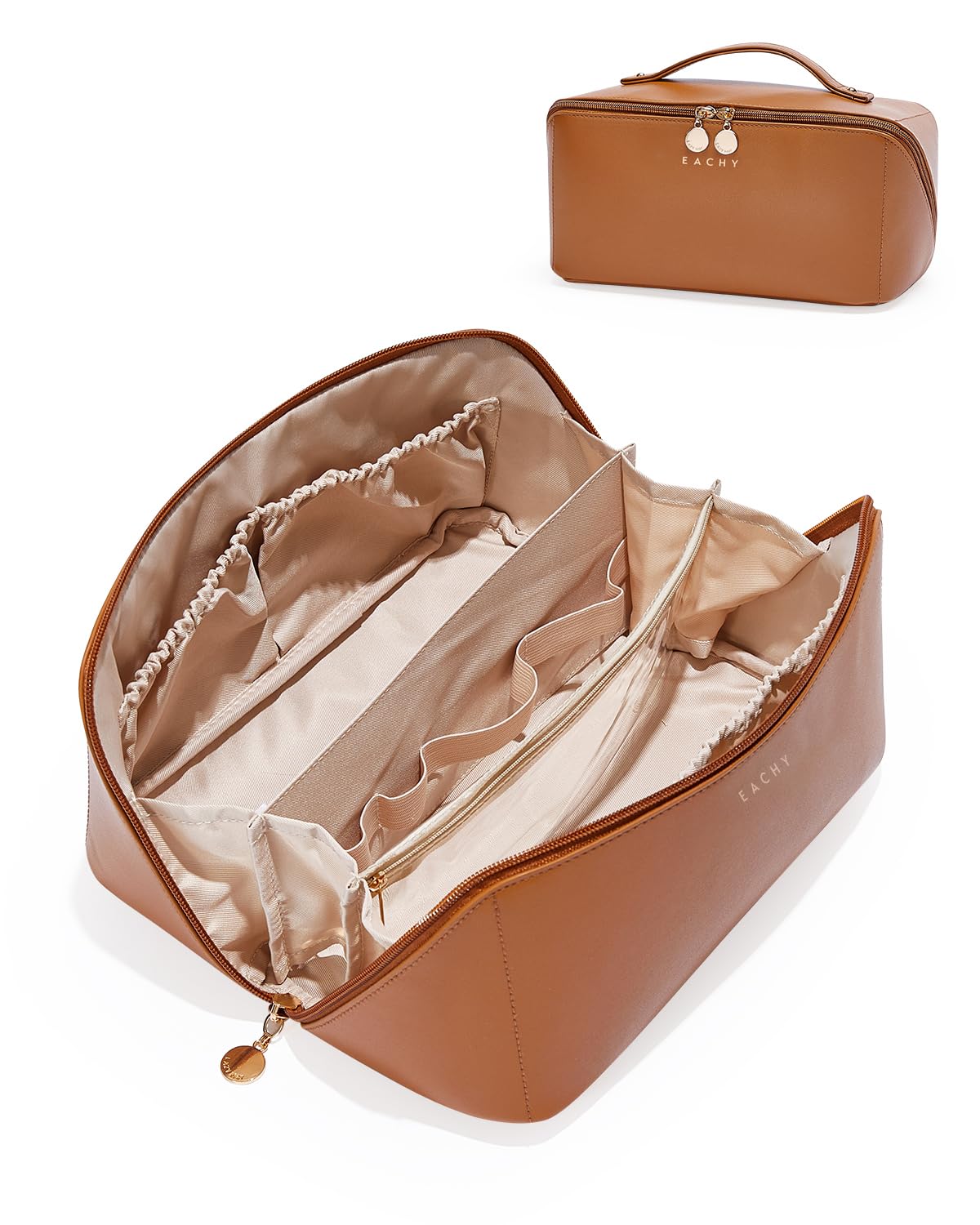 EACHY Travel Makeup Bag for Women, PU Leather Cosmetic Bag, Brown, Medium