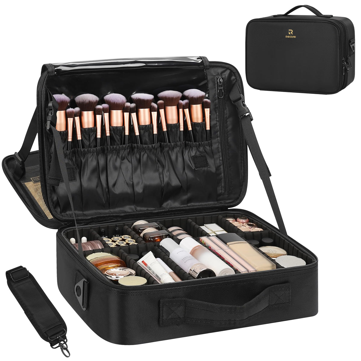 Relavel Travel Makeup Train Case Makeup Cosmetic Case Organizer Portable Artist Storage Bag with Adjustable Dividers for Cosmetics Makeup Brushes Toiletry Jewelry Digital Accessories Black