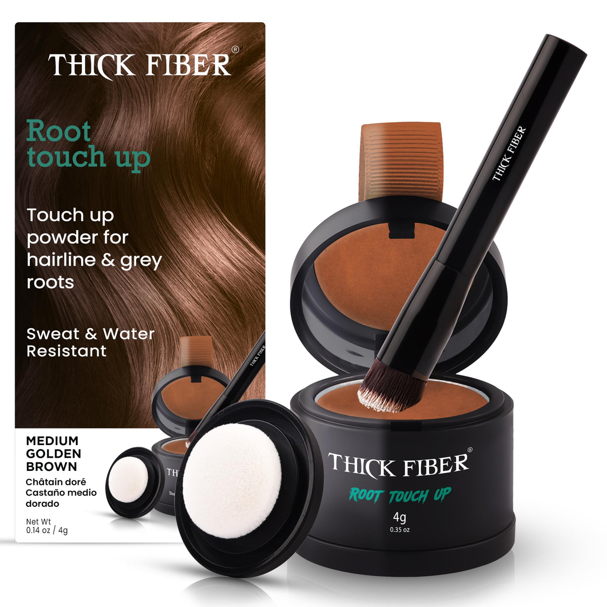 THICK FIBER Root Touch Up Powder - Water & Sweat Resistant Hair Loss Concealer Set for Thinning Hair Women, Includes Brush (Dark Brown)