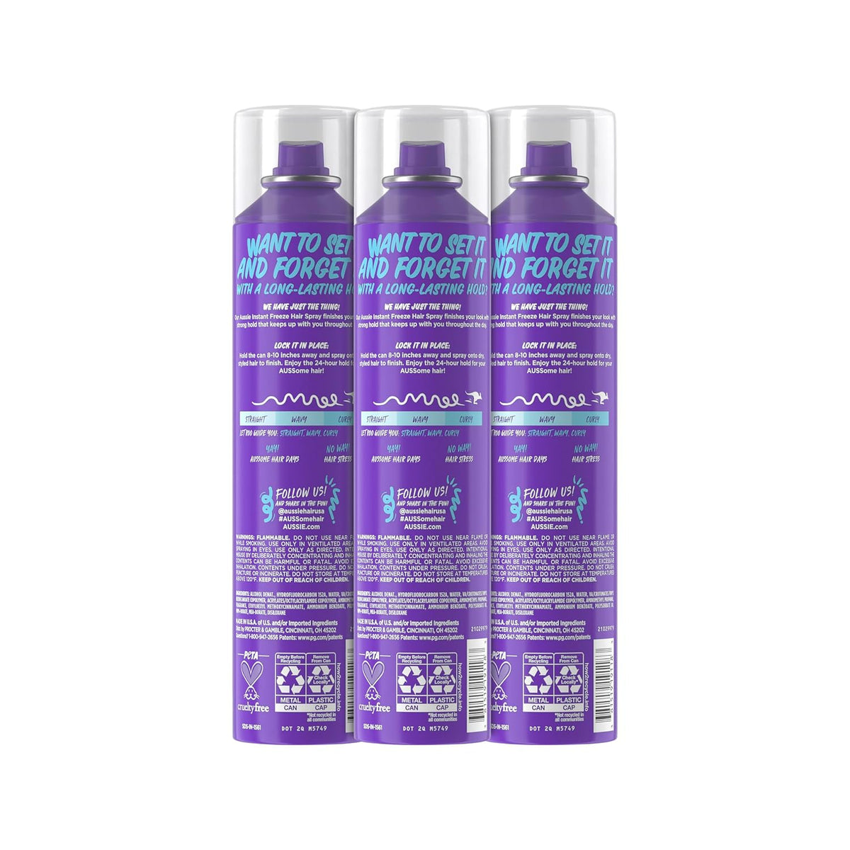 Aussie Instant Freeze Hair Spray for Extreme Hold, Long-Lasting All-Day Fresh Citrus Scent, Safe for All Hair Types, 10 Fl Oz, 3 Pack