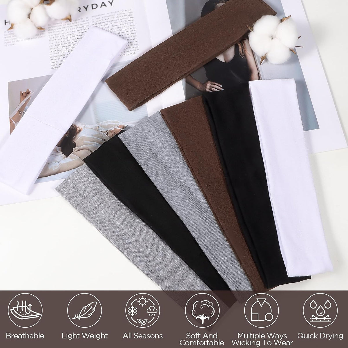 Ztomine Headbands for Women, 8pcs Stretchy Non Slip Soft Cotton Cloth Hair Bands for Sports, Workout, Yoga and Running