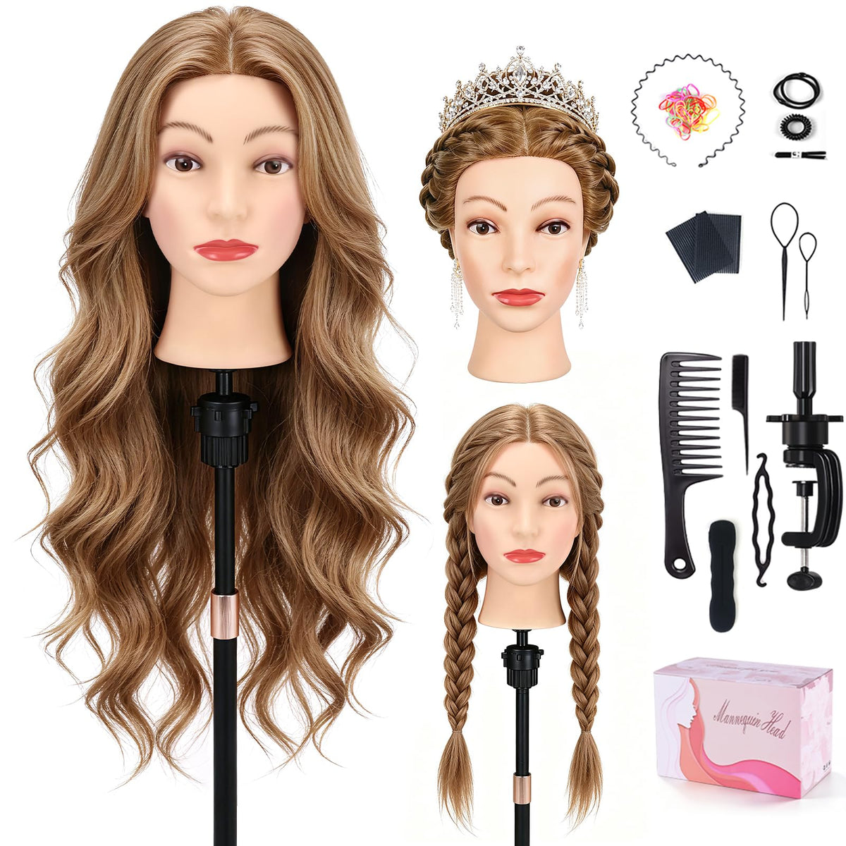 Mannequin Head with 100% Human Hair, TopDirect Real Hair Cosmetology Mannequin Head Hair Styling Hairdressing Practice Training Doll Head with Clamp Holder and Tools (Dark Brown)
