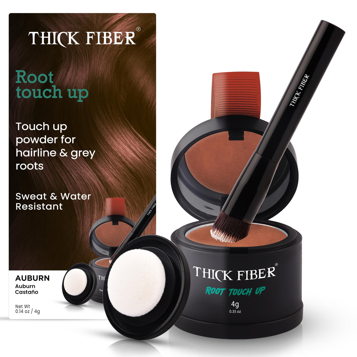 THICK FIBER Root Touch Up Powder - Water & Sweat Resistant Hair Loss Concealer Set for Thinning Hair Women, Includes Brush (Dark Brown)