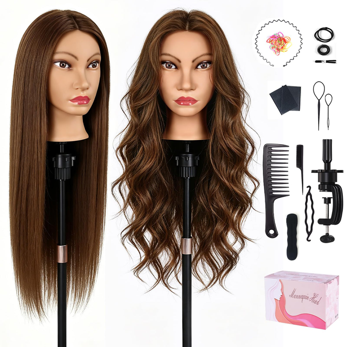 Mannequin Head with 100% Human Hair, TopDirect Real Hair Cosmetology Mannequin Head Hair Styling Hairdressing Practice Training Doll Head with Clamp Holder and Tools (Dark Brown)