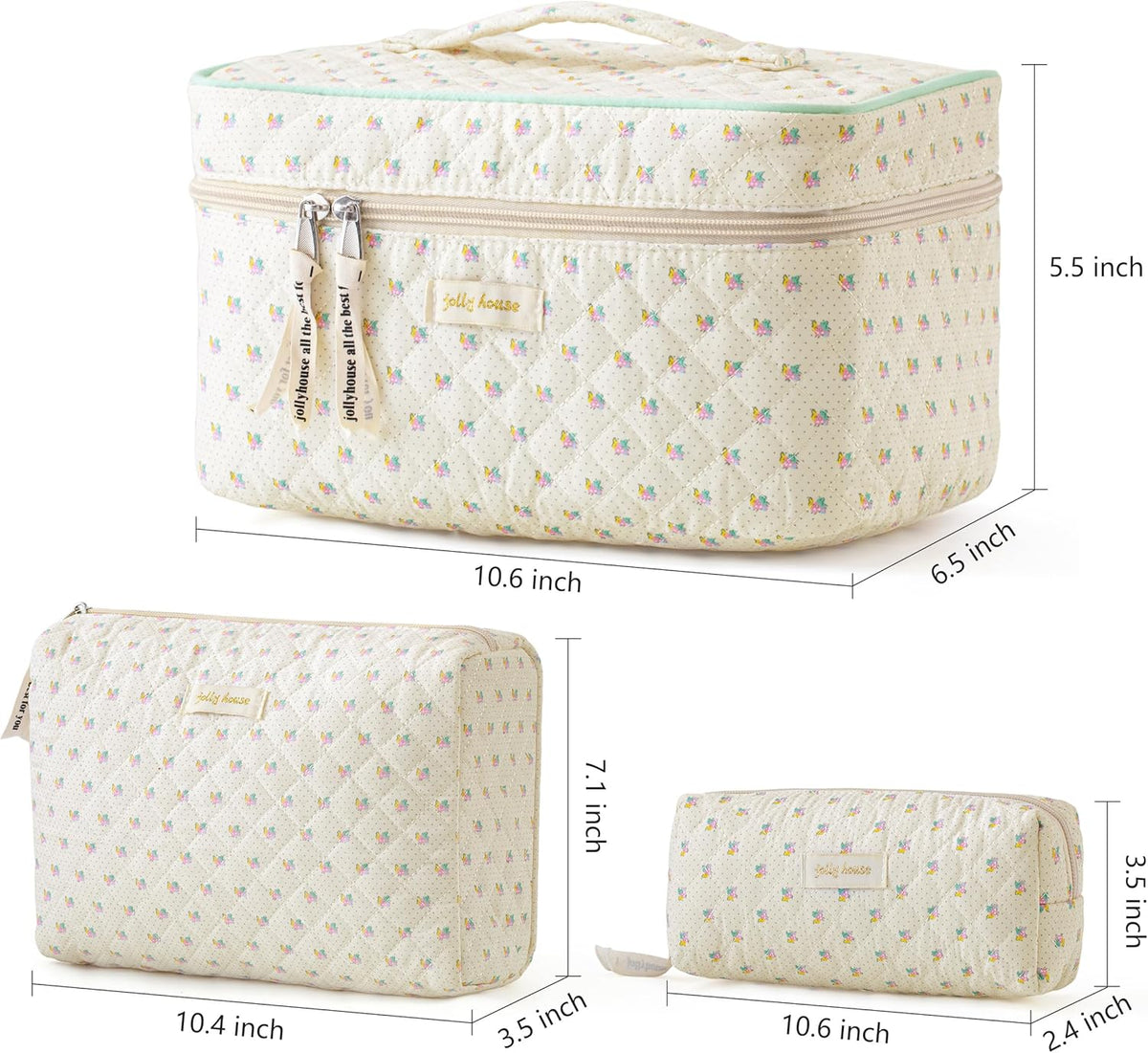 HBselect Quilted Makeup Bag, 3Pcs Cotton Large Travel Makeup Bags Organizer
