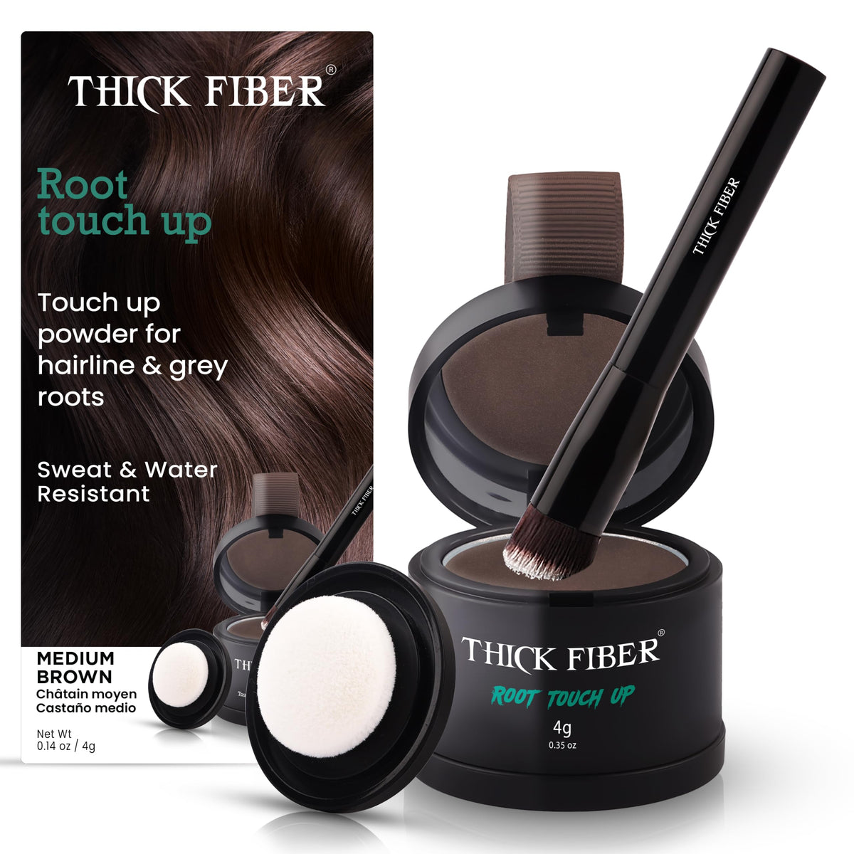 THICK FIBER Root Touch Up Powder - Water & Sweat Resistant Hair Loss Concealer Set for Thinning Hair Women, Includes Brush (Dark Brown)