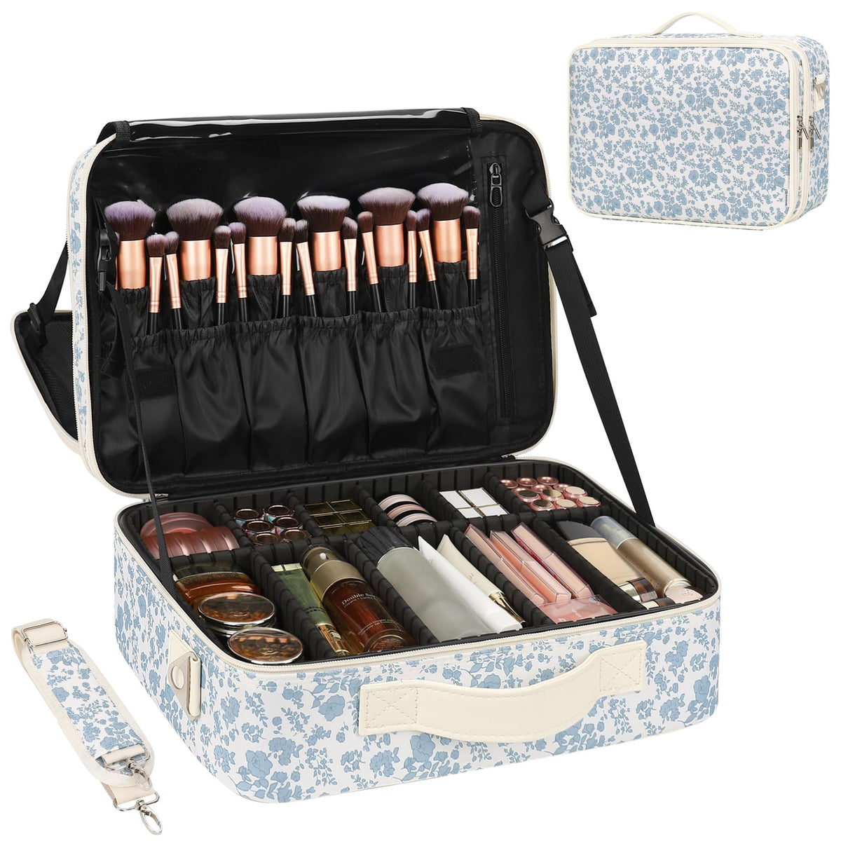 Relavel Makeup Case Large Makeup Bag Professional Train Case 16.5 inches Travel Cosmetic Organizer Brush Holder Waterproof Makeup Artist Storage Box, 3 Layer Large Capacity, with Adjustable Strap