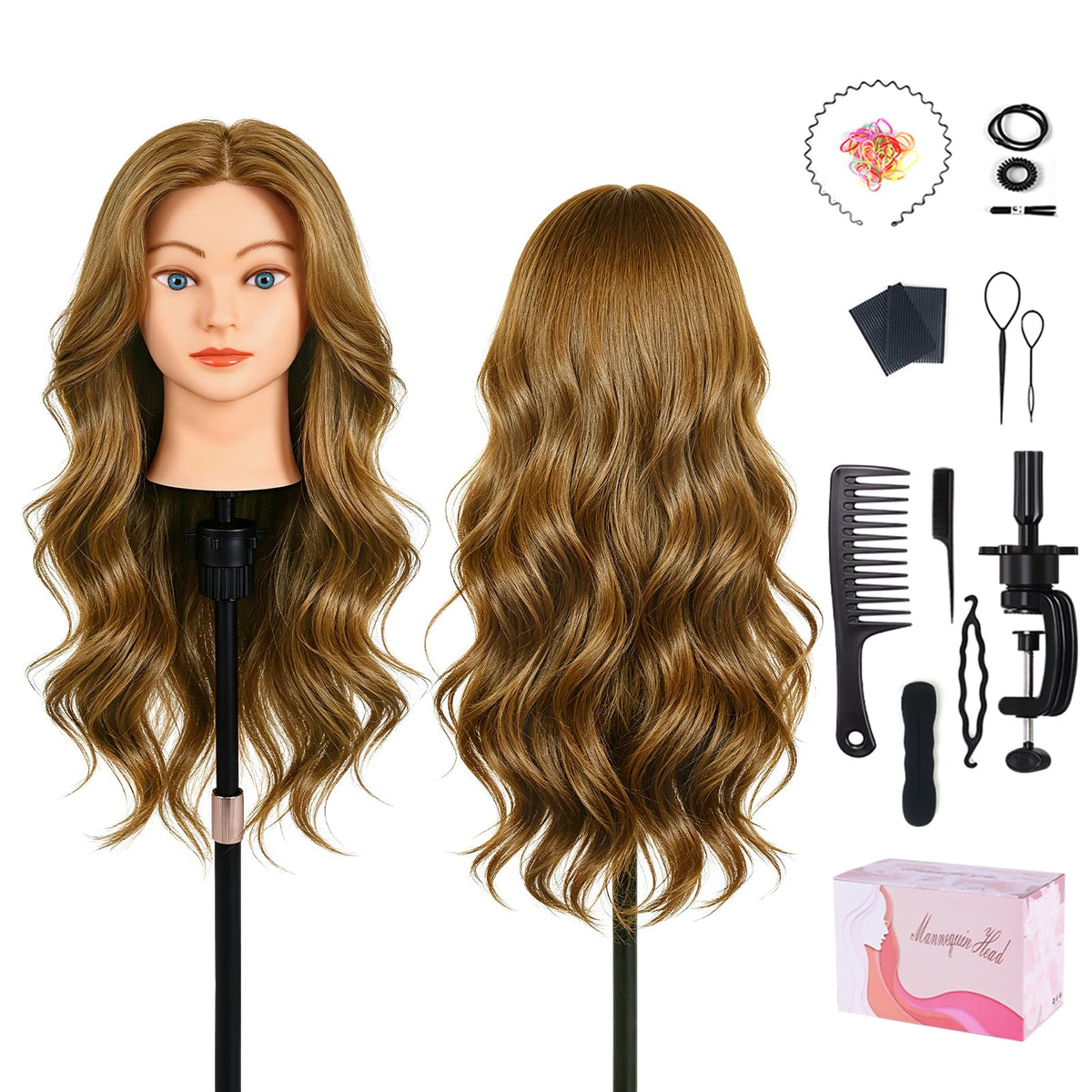 Mannequin Head with 100% Human Hair, TopDirect Real Hair Cosmetology Mannequin Head Hair Styling Hairdressing Practice Training Doll Head with Clamp Holder and Tools (Dark Brown)