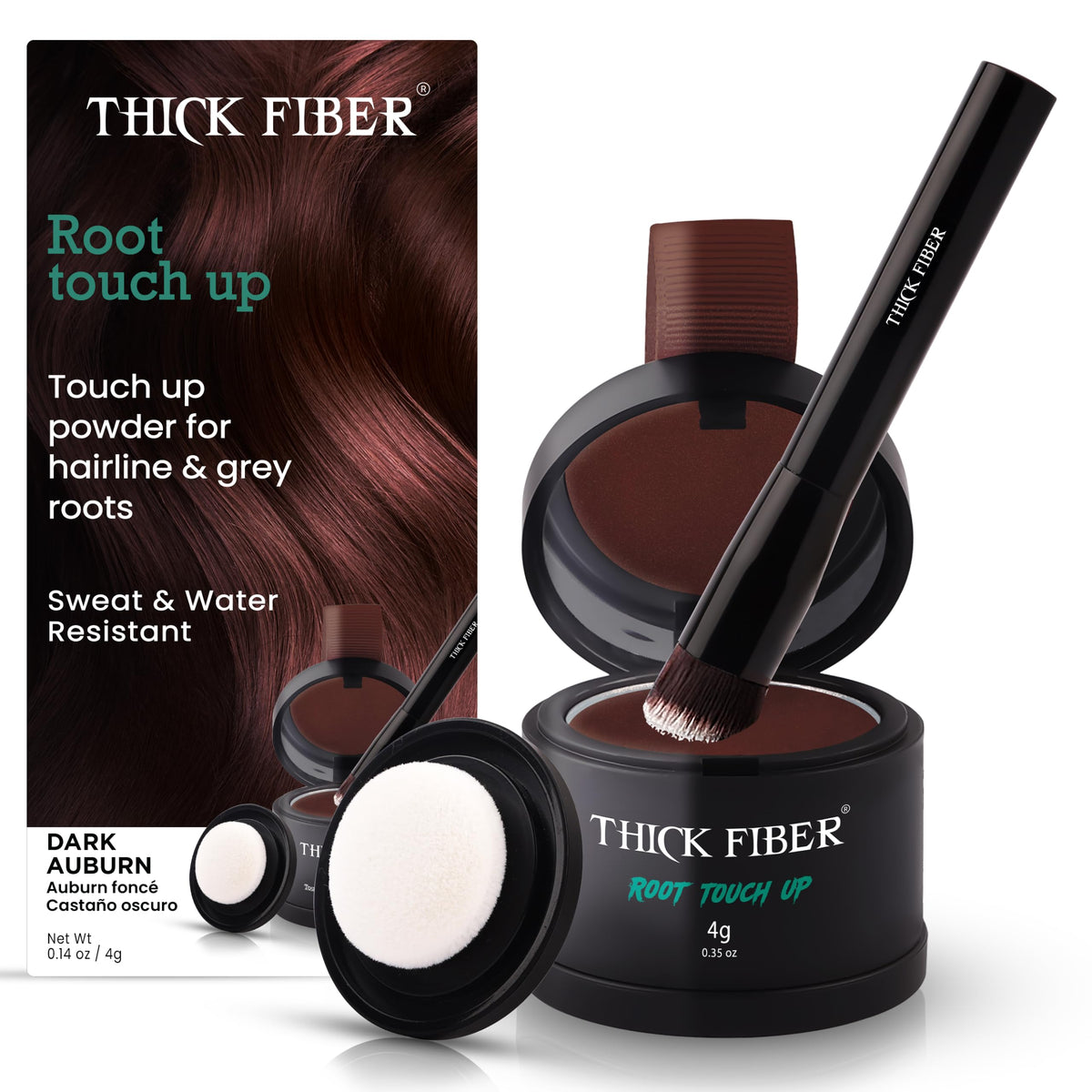 THICK FIBER Root Touch Up Powder - Water & Sweat Resistant Hair Loss Concealer Set for Thinning Hair Women, Includes Brush (Dark Brown)